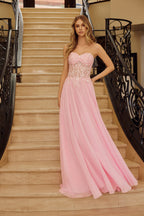Strapless A-Line Floral Applique Graduation Gown w/ Corset Bodice NXC1617