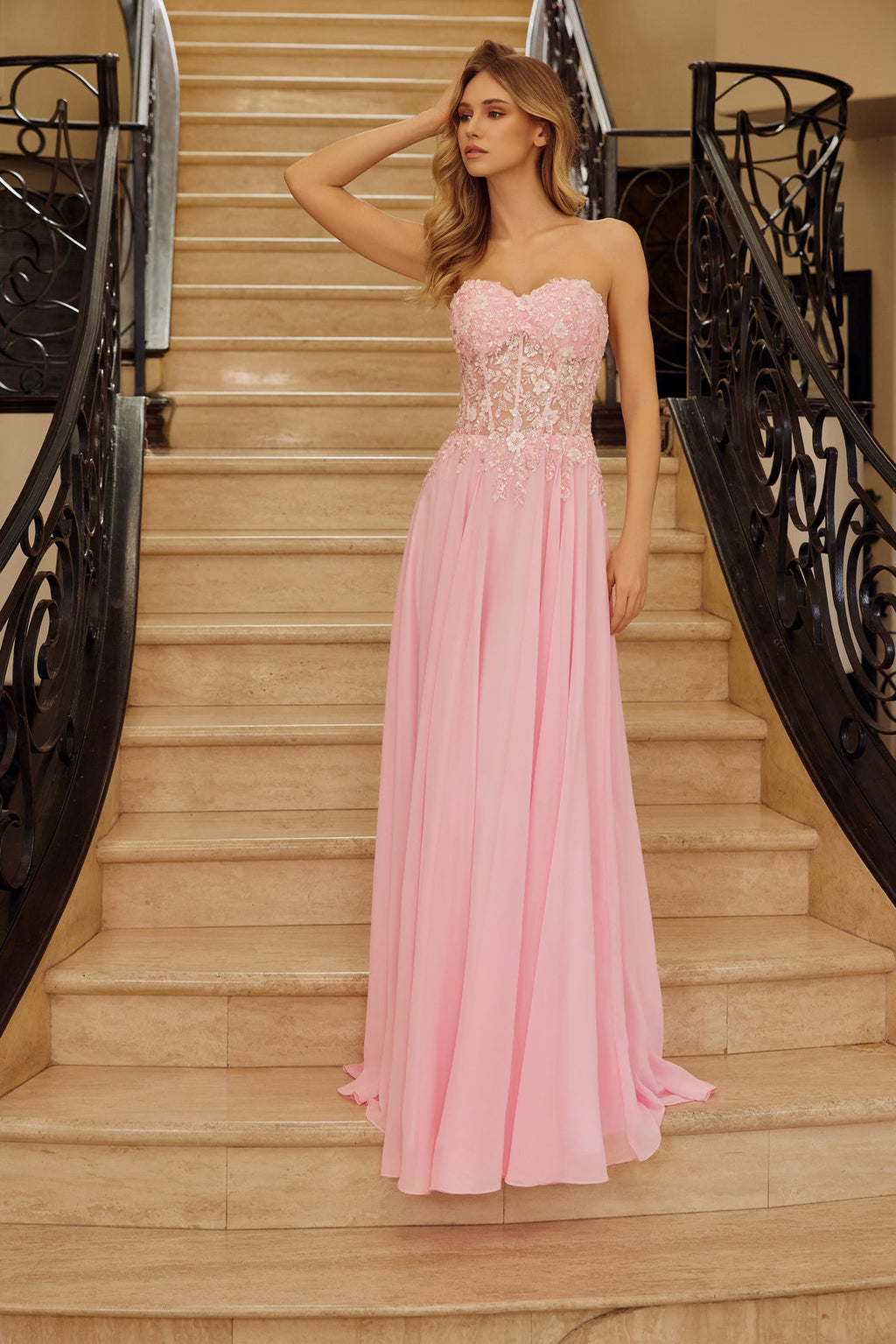 Strapless A-Line Floral Applique Graduation Gown w/ Corset Bodice NXC1617
