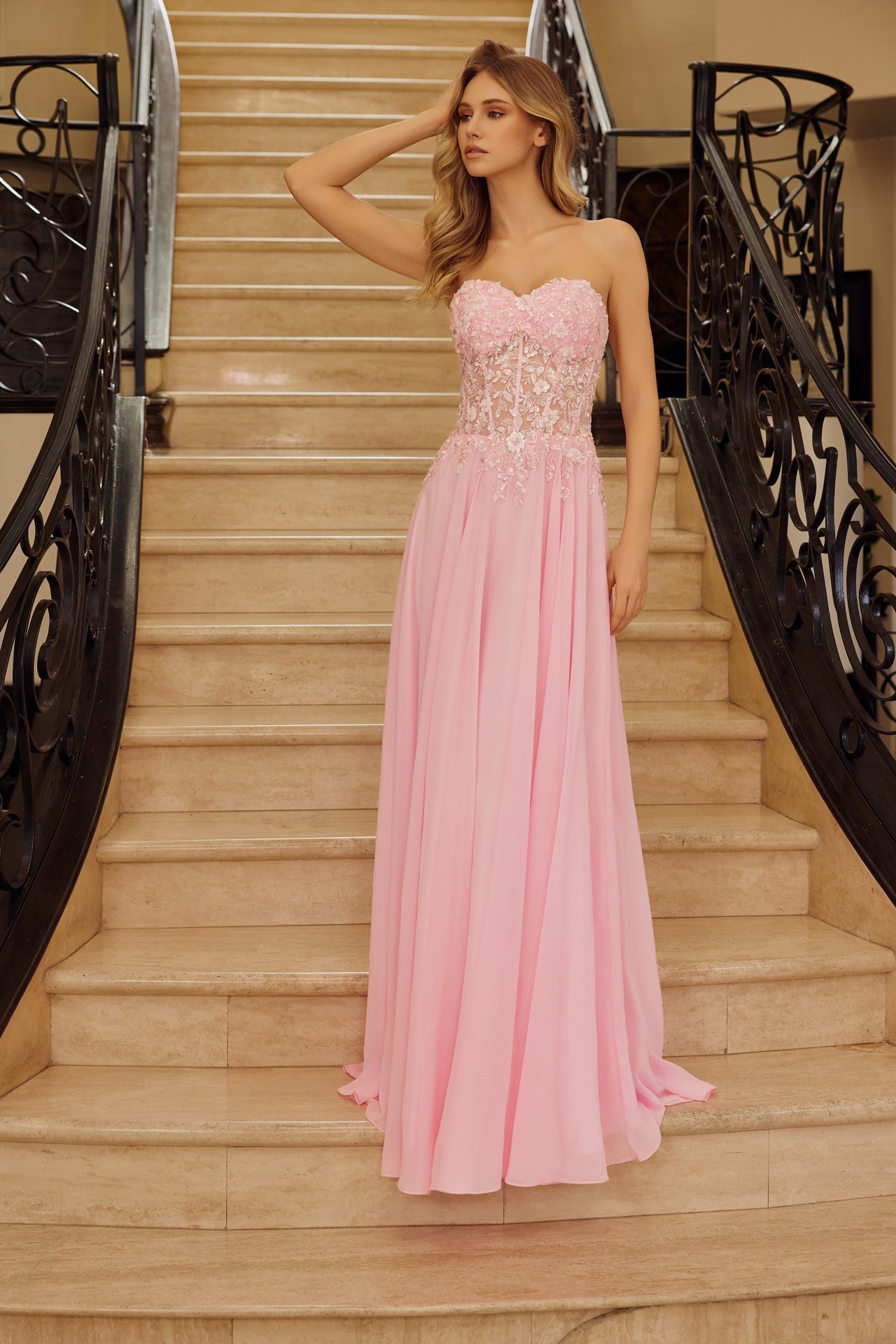 Strapless A-Line Floral Applique Graduation Gown w/ Corset Bodice NXC1617