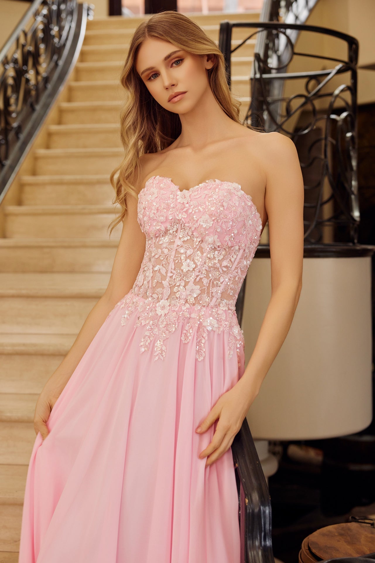 Strapless A-Line Floral Applique Graduation Gown w/ Corset Bodice NXC1617