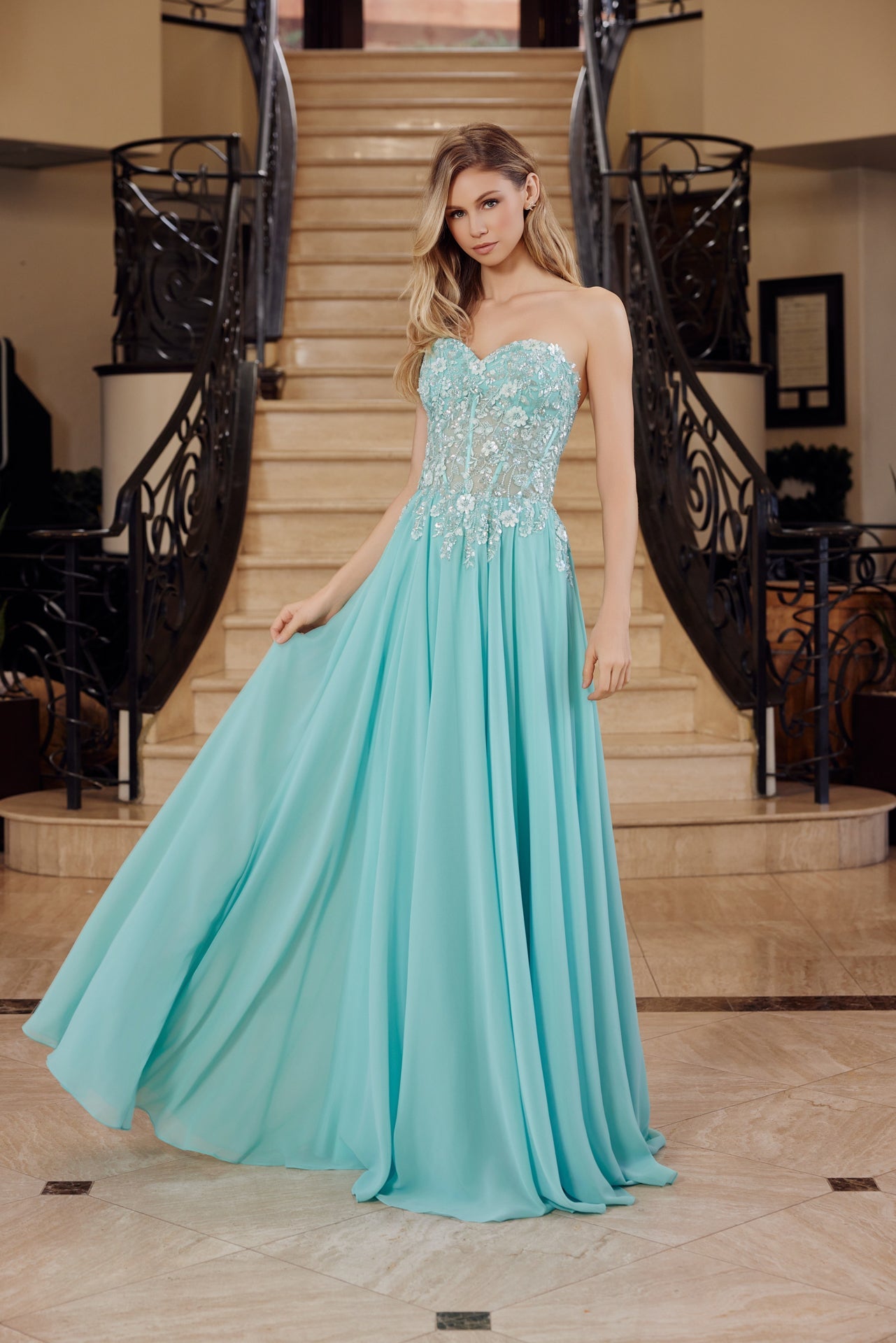 Strapless A-Line Floral Applique Graduation Gown w/ Corset Bodice NXC1617