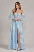 Off The Shoulder Stunning Gown w/ Sequins Embroidery & Long Puff Sleeves NXK1155