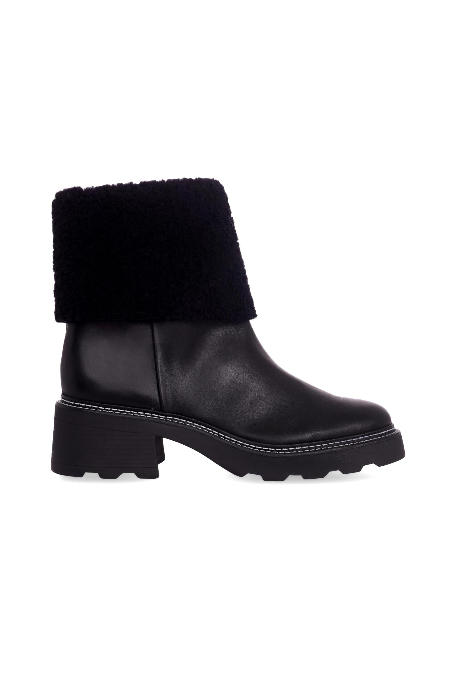 Andira Black Leather Ankle Boots – 5cm Block Heel Shearling Lug Sole