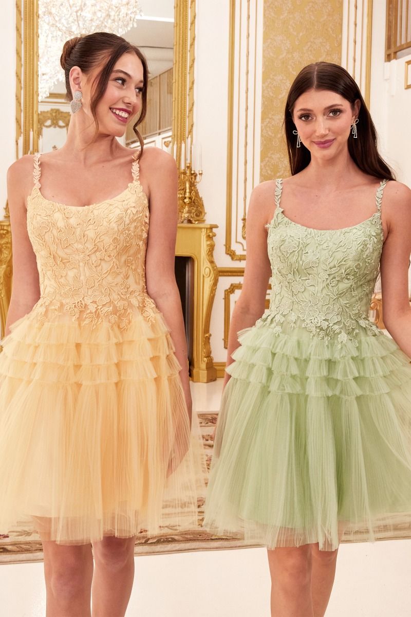 Peach, Baby Blue | Tiered Tulle Mini Dress with Lace Bodice & Spaghetti Straps  CD9310