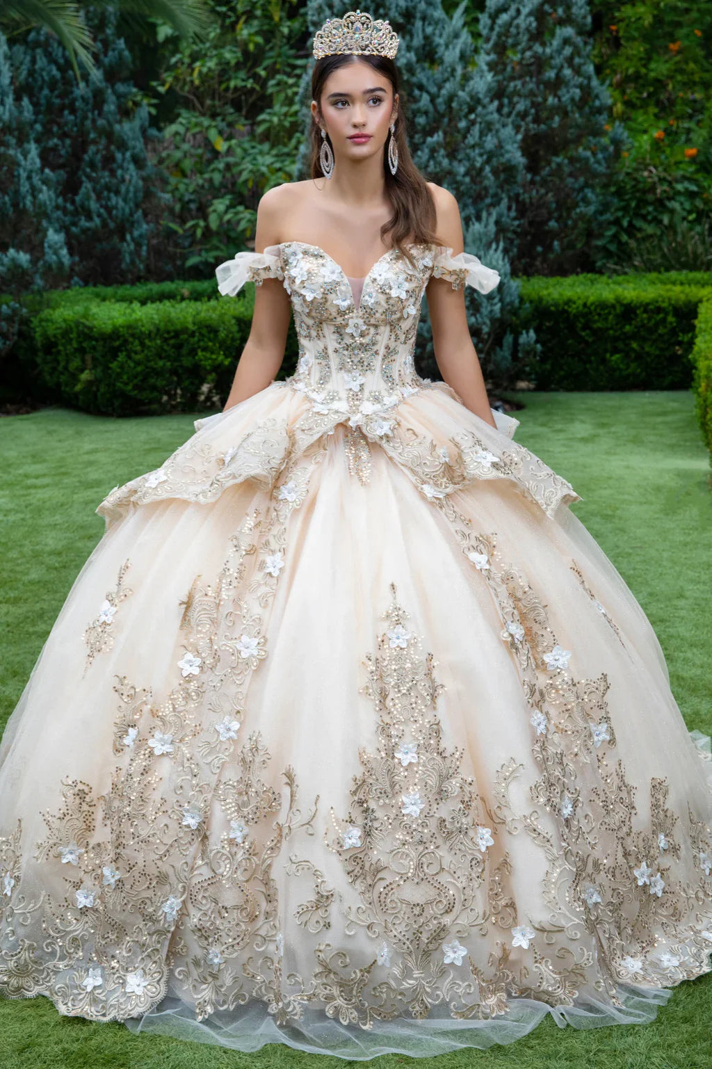 3d flower accented metallic embroidery glitter mesh quinceanera dress GLGL3528