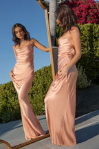 Fitted Satin Slip Prom & Bridesmaid Cowl Neck Laced Open Back Dress CDBD7044
