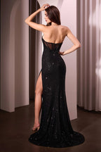 Strapless Elegant Evening Dress w/ Rhinestones Embroidery & Sheath Cut CDCD3929