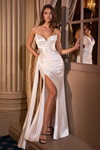 Soft Shiny Satin Wedidng Dress w/ Charming V-neckline & Daring Leg Slit CDCH351W