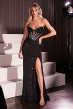 STRAPLESS CRYSTAL EMBELLISHED BLACK FITTED GOWN CDCM367