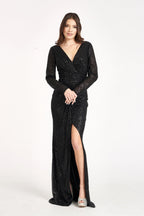 Gathered Waist Sequin Embellished Mermaid w/ Long Sleeves Long Prom Dress GLGL3063