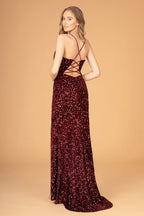 Sequins Embellished Velvet Sheath Gown w/ Leg Slit & Spaghetti Straps GLGL3081