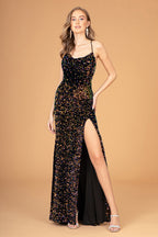 Sequins Embellished Velvet Sheath Gown w/ Leg Slit & Spaghetti Straps GLGL3081