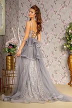 Jewel sheer bodice mesh mermaid long dress w detachable waist drape GLGL3273