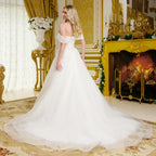 Pleated off shoulder around strap bust lattice pattern bodice embellished a line wedding gown GLGL3657