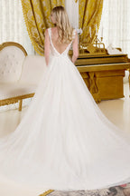 V neck embellished shoulder straps glittery underlayer low v back a line wedding gown GLGL3661
