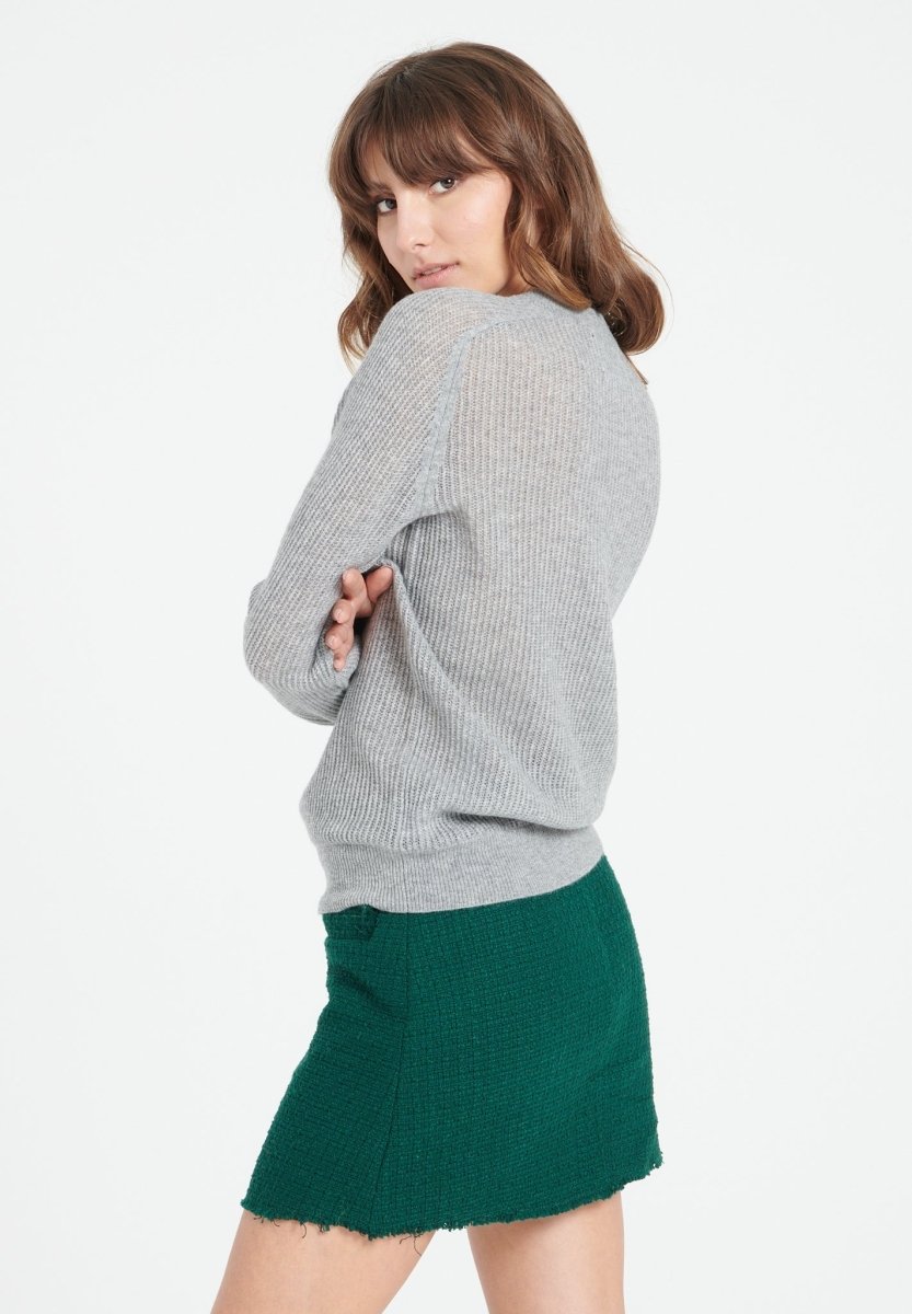 Pull col rond femme en cachemire ajouré gris clair - LILLY 23