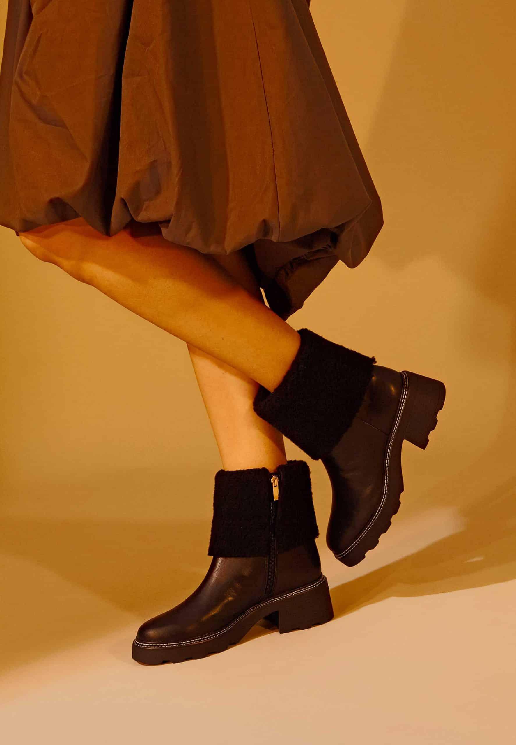 Andira Black Leather Ankle Boots – 5cm Block Heel Shearling Lug Sole