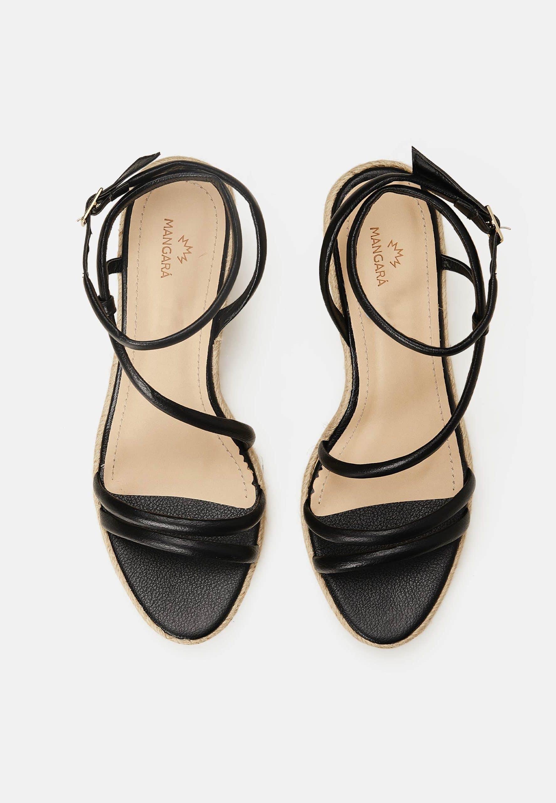 Romã Black Leather Espadrille Wedges – Jute Platform