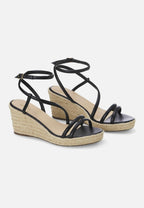Romã Black Leather Espadrille Wedges – Jute Platform