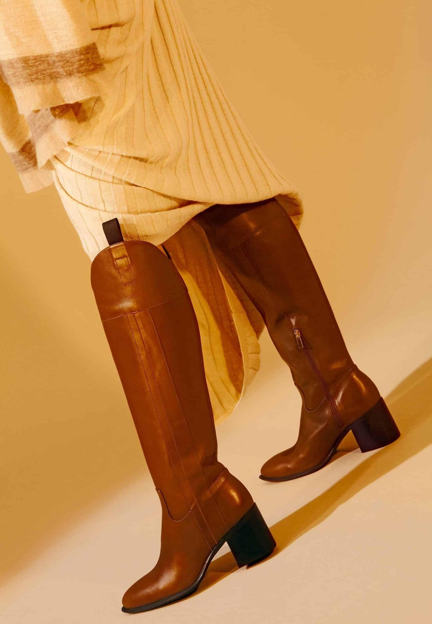 Canna Brown Calf Leather Knee-High Riding Boots – 6.5cm Block Heel