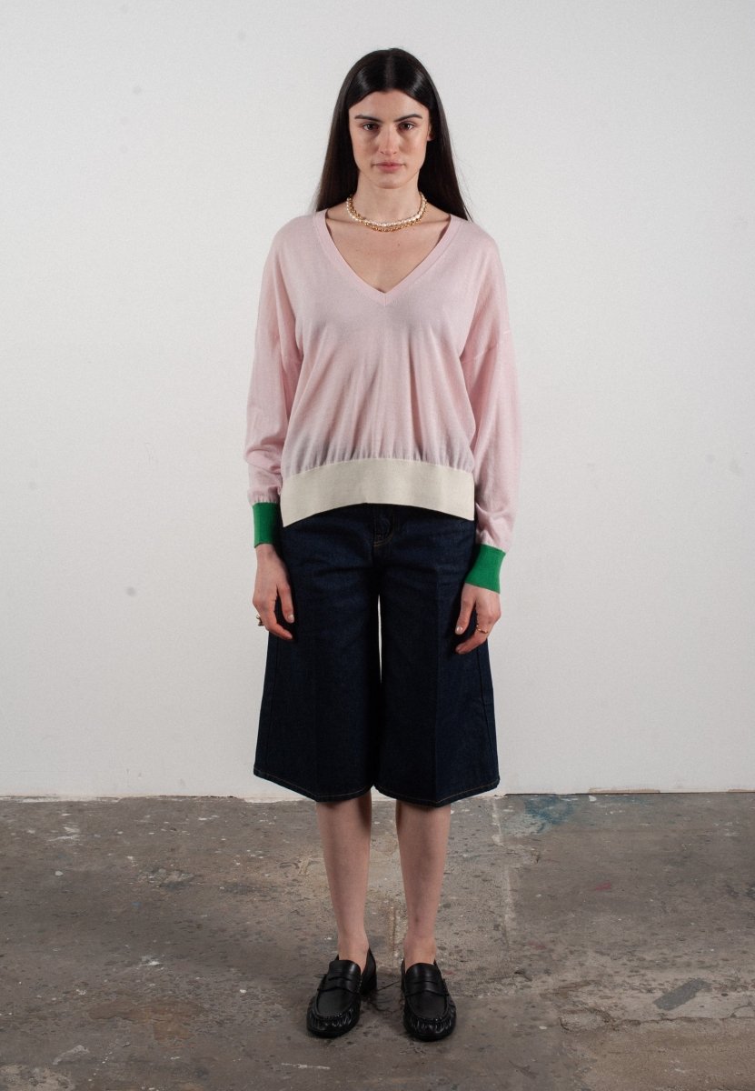 Pull col V femme en cachemire & laine ultrafin lavande & vert & blanc - KELLY 10