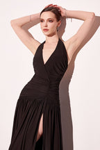 Solid Sheath Chiffon Gown w/ Ruched Design & Tied Halter Neckline CDT502P