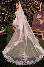 Off Shoulder Mini Wedding Gown w/ Long Sleeves & Floral Lace Design CDWL021