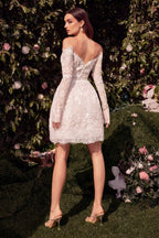 Off Shoulder Mini Wedding Gown w/ Long Sleeves & Floral Lace Design CDWL021